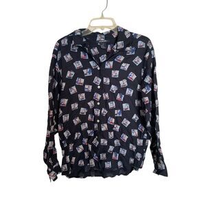 Vintage Yacht Navy Blue Button down Women's sailboat Print Blouse Shirt 12/Large